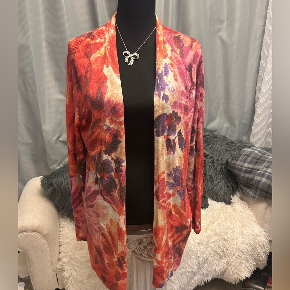 50%offw❤️ CHICO'S 💋Floral Open Front Cardigan Size 1 Med wool blend 124